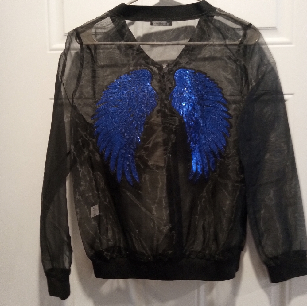 Sheer Black Bomber Jacket with Royal Blue Sequin Wings